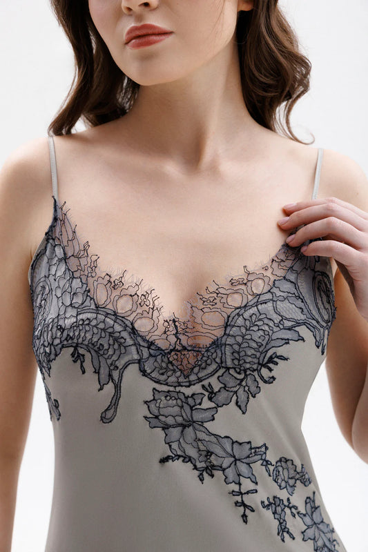 Lace-trimmed silk night dress with spaghetti straps
