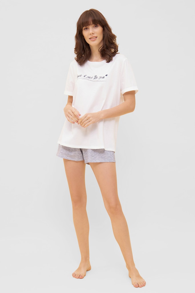 Model is wearing Be Happy Blue Melange Look Cotton Short front picture with matching top (sold separately)