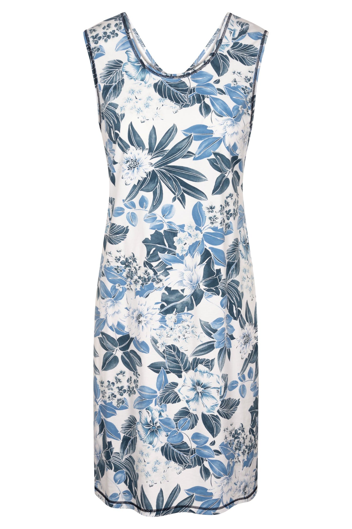 This nightgown from Rösch's Smart Casual collection is crafted from lightweight, supple single jersey cotton fabric, embellished with an indigo floral print. It is designed with a flattering, relaxed fit that ensures optimum comfort and ease of movement. Sleeveless Round-neck Stretchable cotton fabric The model is 176 cm tall and wears this item in a size M Made in EU, imported