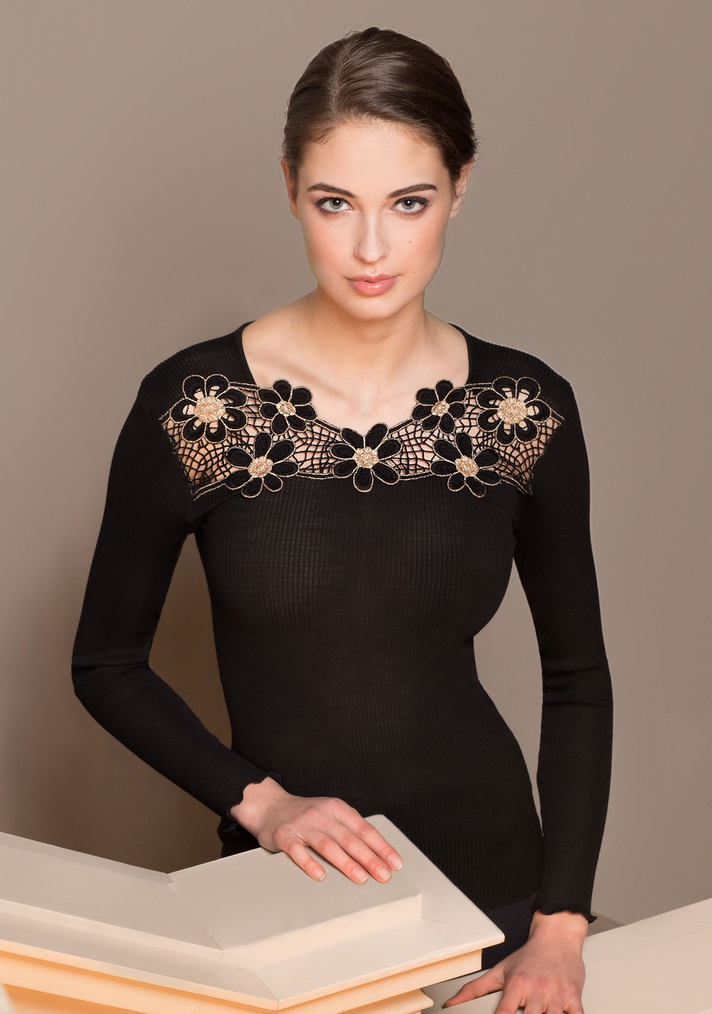 Balck Luxury Wool-Silk Battenberg Lace Top at Di Moda Lingerie Toronto