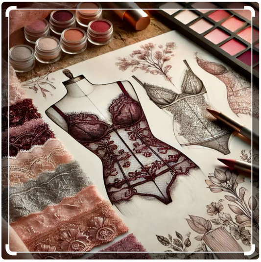 A illustration of premium lingerie designs designs with lace and colors from drawing from the sides. 