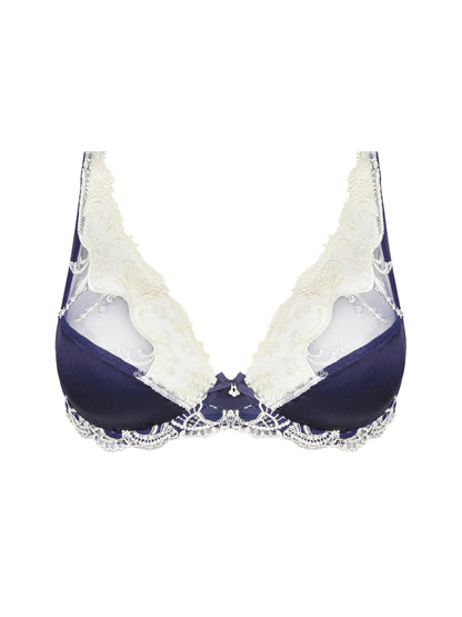 The Splendeur Soie line by Lise Charmel presents a luxurious triangle bra crafted with a satin-silk fabric and intricate Italian-made embroidery. 