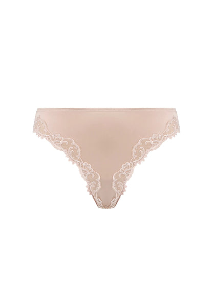Beige lace thong on a white background