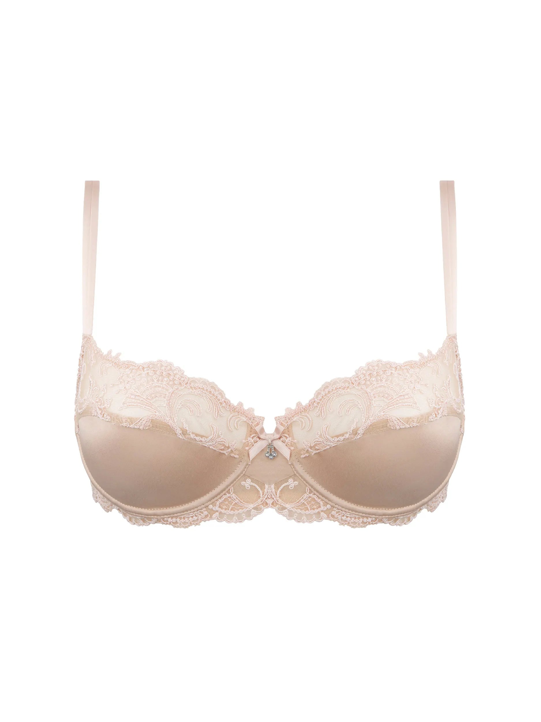 Beige bra with lace details on a white background
