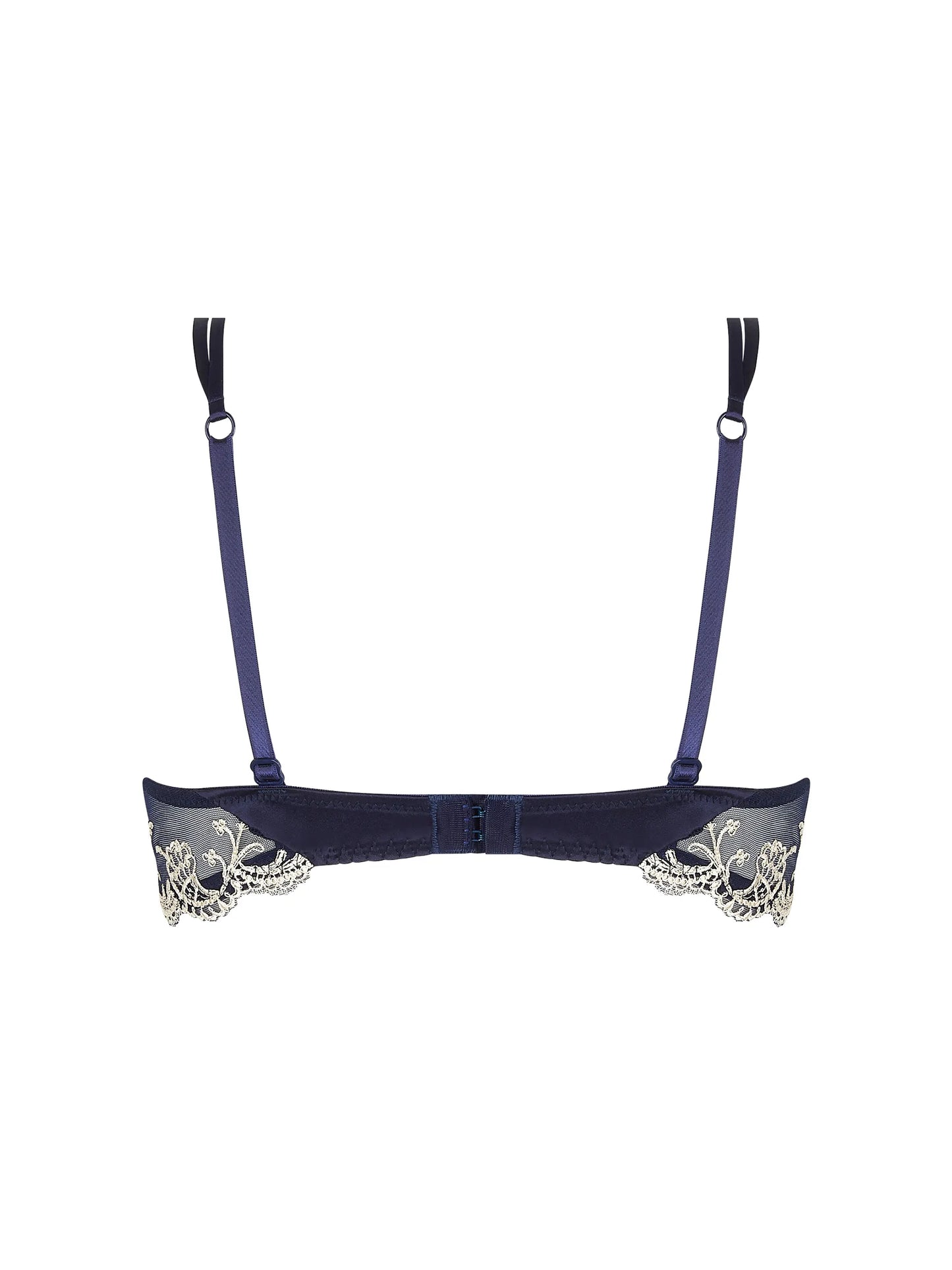 Navy blue bra with lace details on a white background