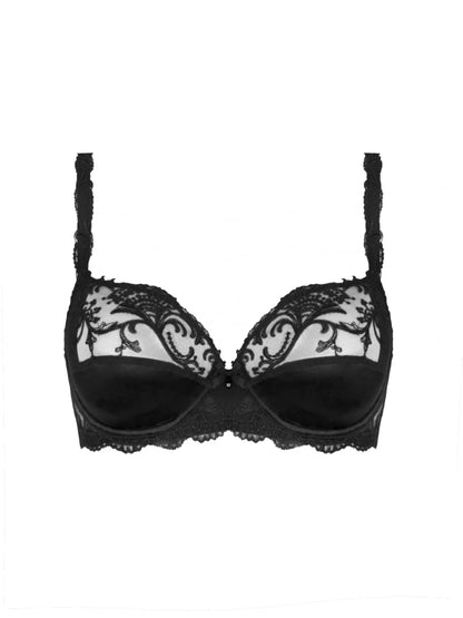 Black lace bra on a white background