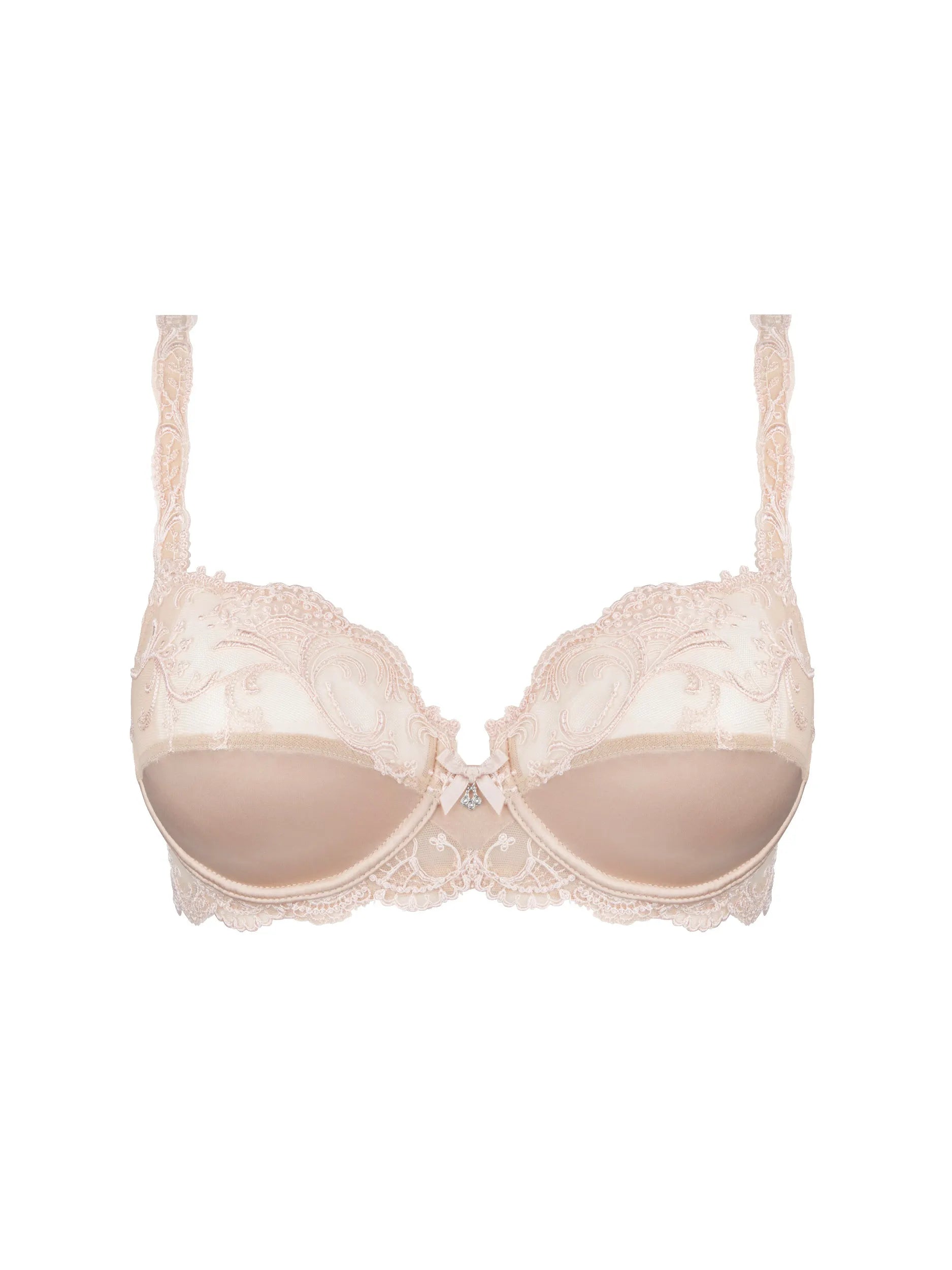 Beige bra with lace details on a white background