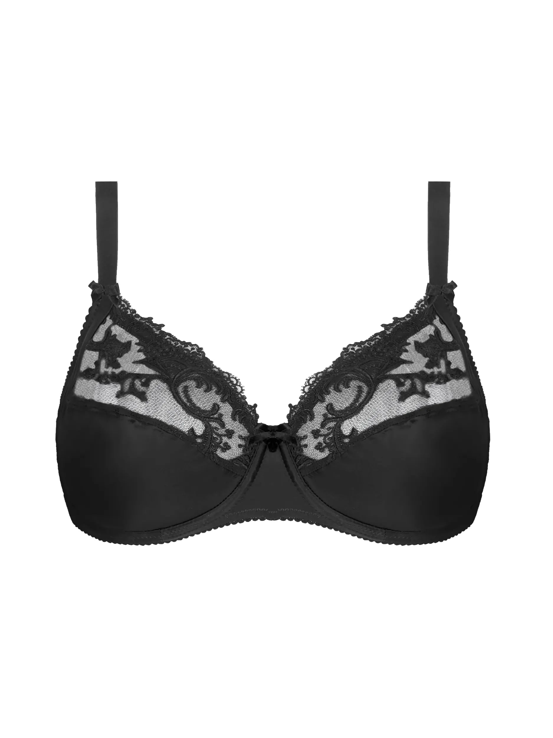 Black bra with lace detailing on a white background