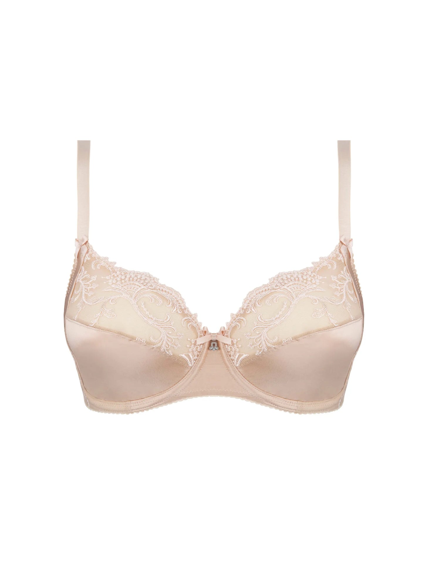 Beige bra with lace details on a white background