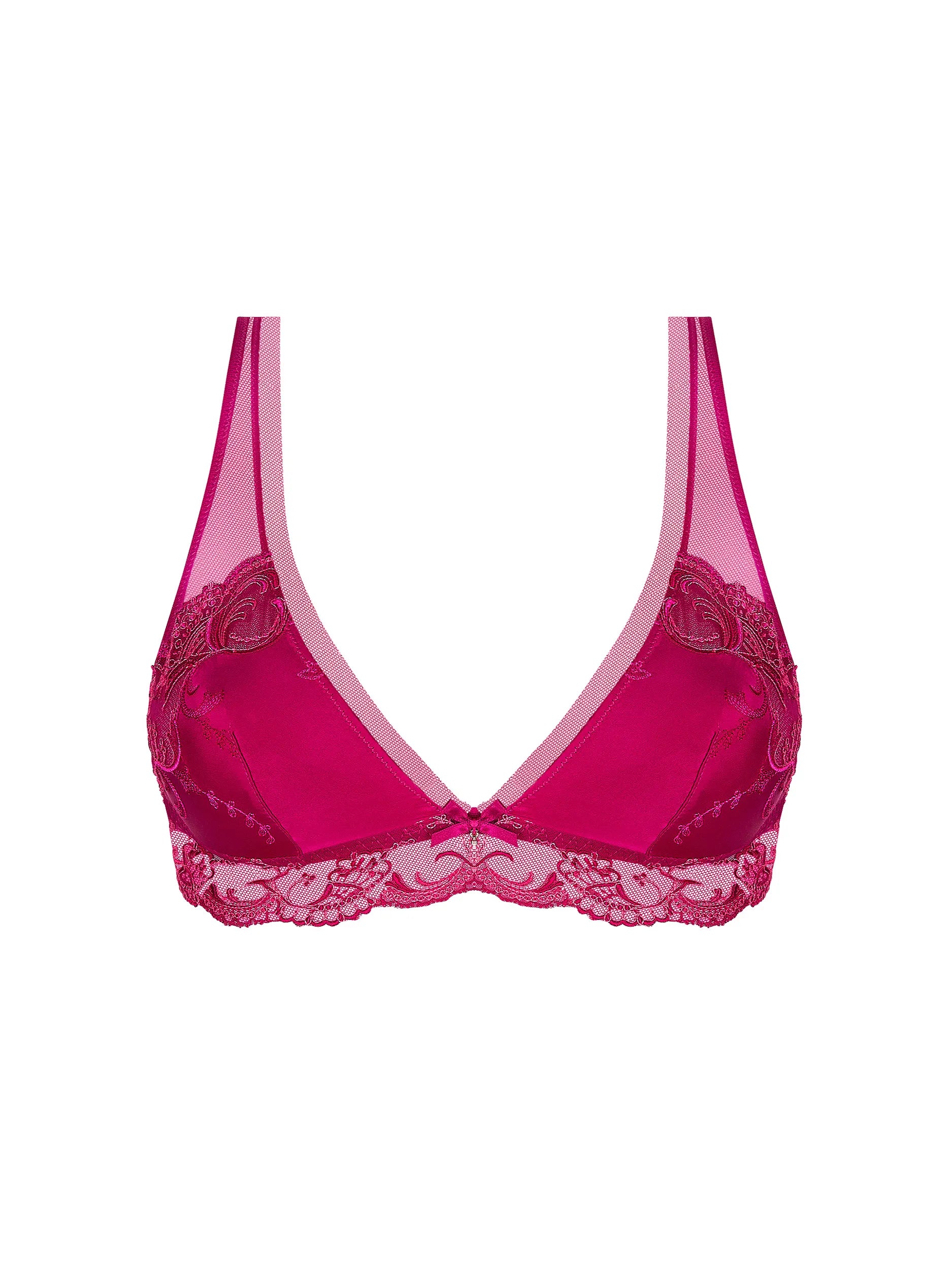 Pink bra with lace details on a white background