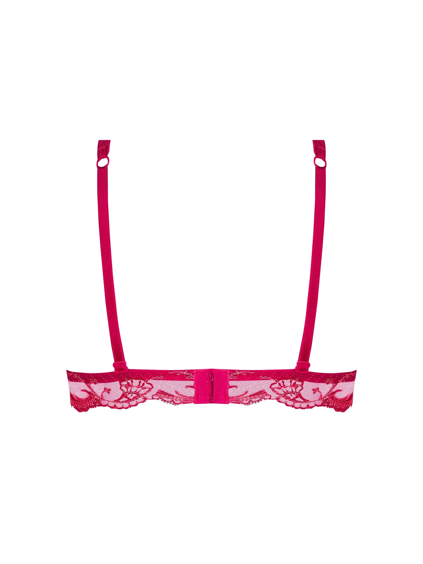 Pink lace bra on a white background