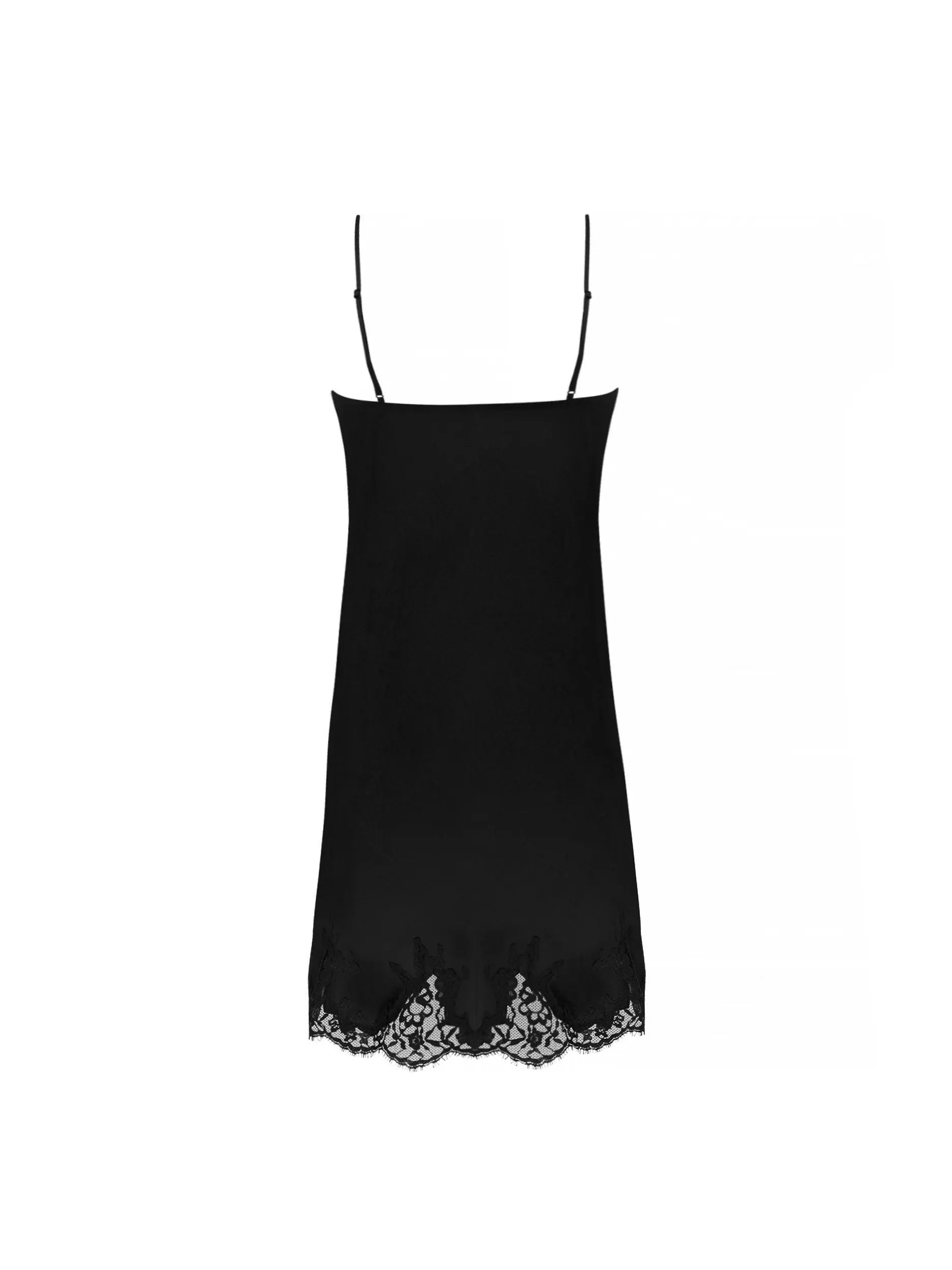 Black slip dress with lace trim on a white background