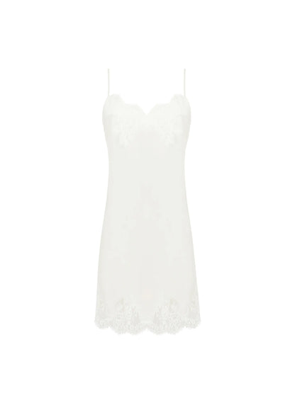 White lace-trimmed camisole on a white background