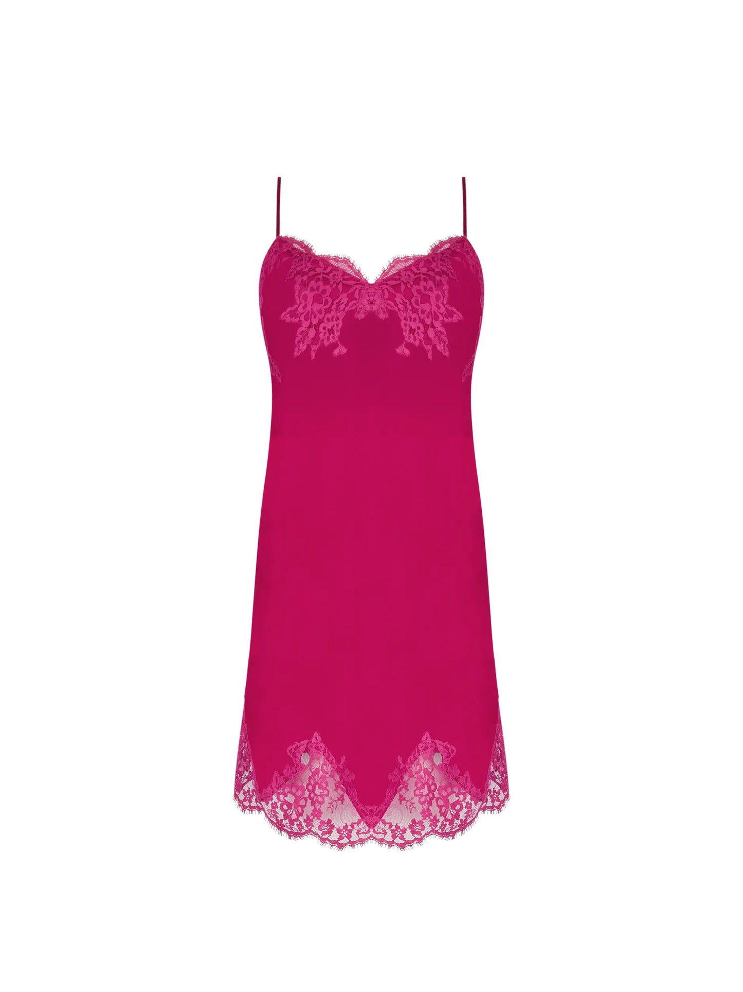 Pink slip dress with lace details on a white background