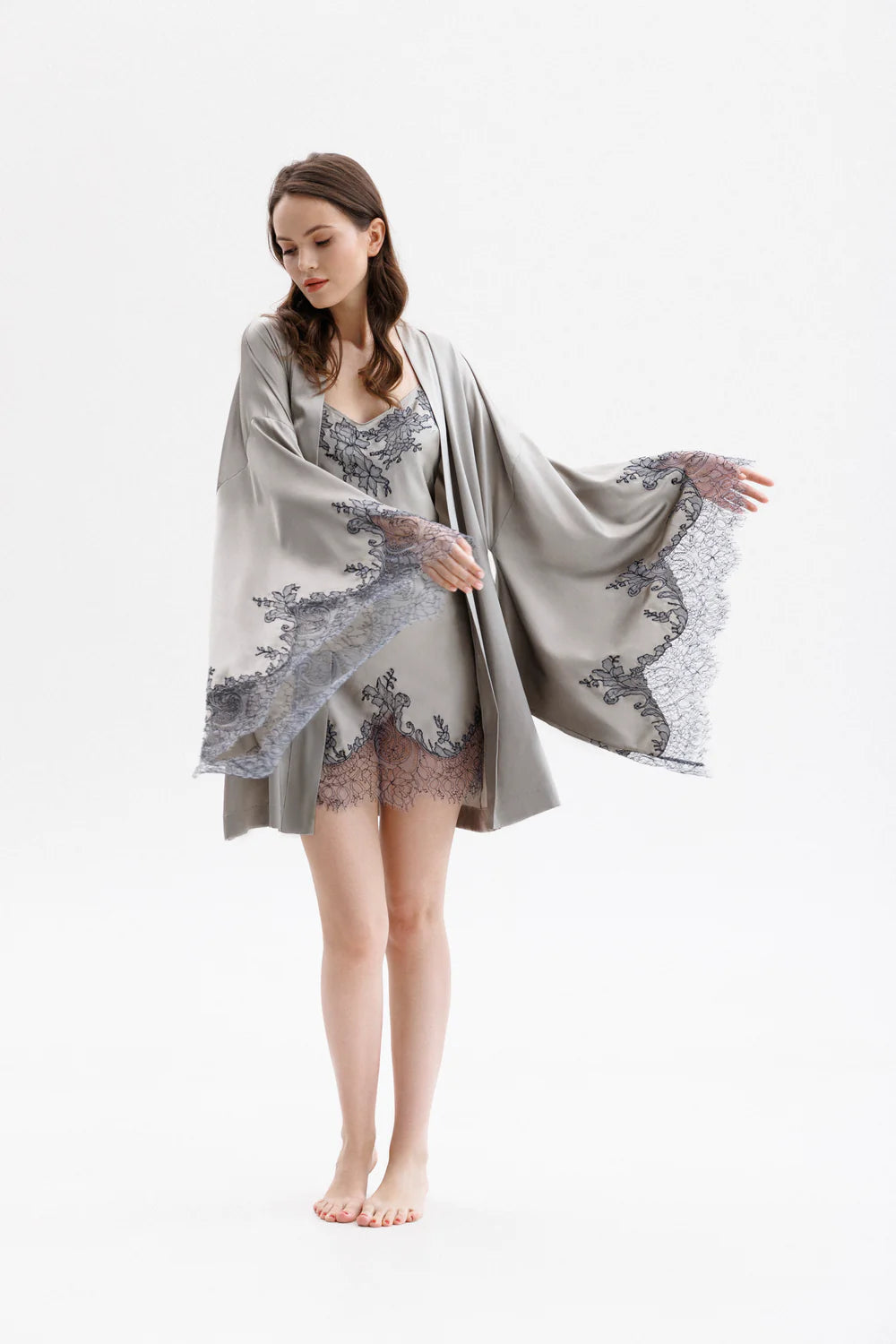 Gray silk short nightgown with floral French lace and matching peignoir (sold separately)  
