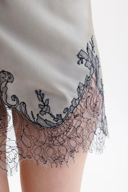 Gray silk  nightgown with black floral French lace trammed on the bottom