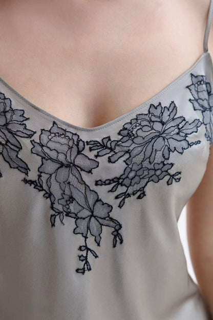Gray silk top of the nightgown with black floral French lace