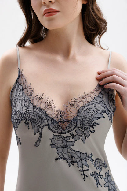 Lace-trimmed silk night dress with spaghetti straps
