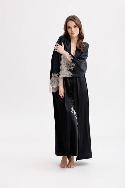 Woman wearing a long classy silk kimono stile dressing gown with matching elegant silk nightdress with floral Leavers Lace embroidery (sold separately). Full front picture.