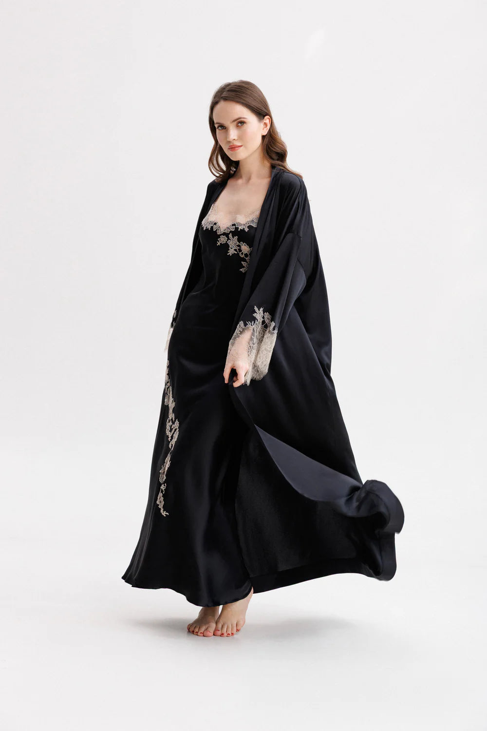 Woman wearing a long classy silk kimono stile dressing gown with floral Leavers Lace embroidery and matching nightgown (sold separately). Full front picture.