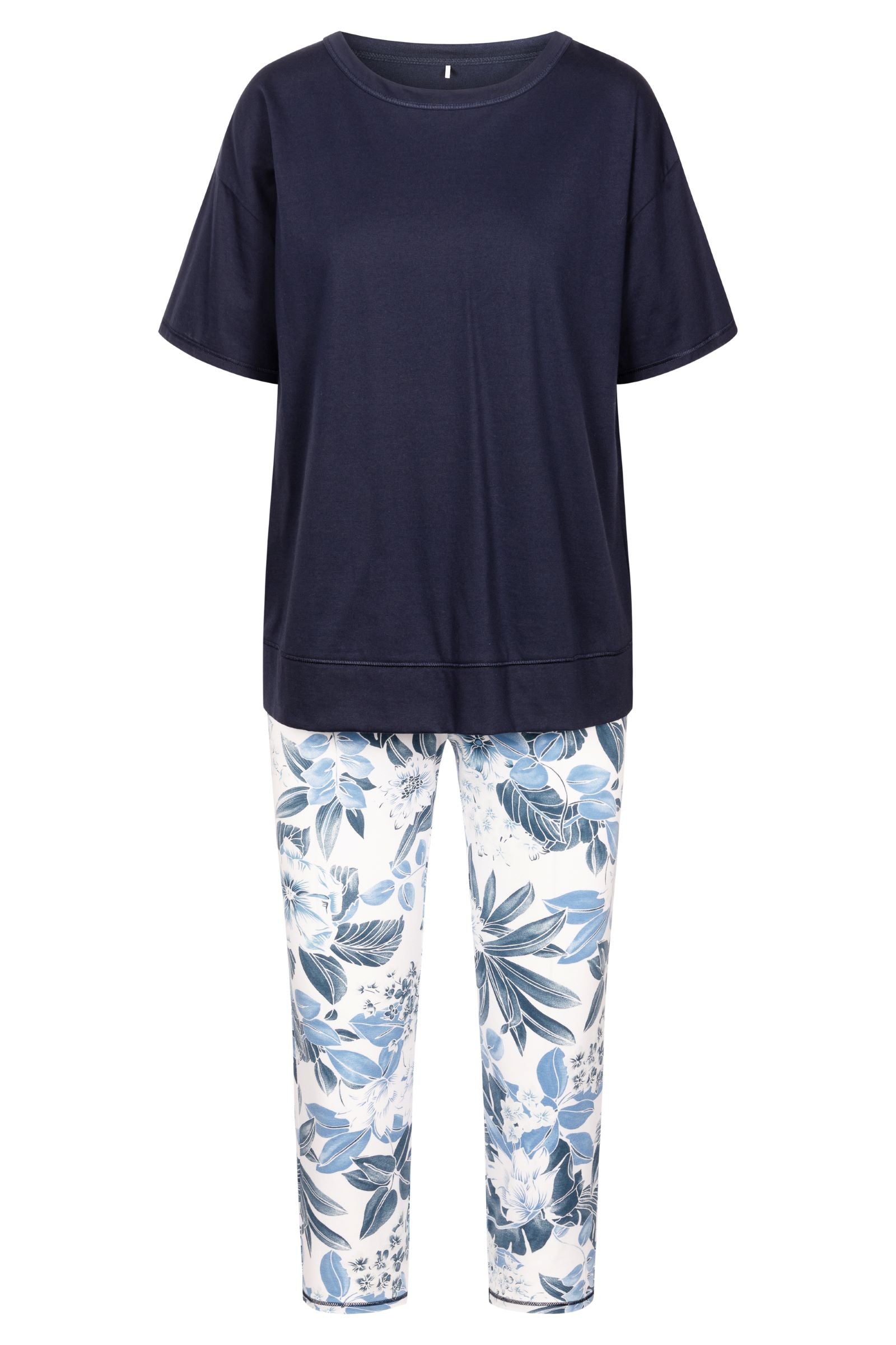 This two-piece pajama set from Rösch's Smart Casual collection is crafted from lightweight, supple single jersey cotton fabric, boasting a solid colored top and capri pants embellished with an indigo floral print.  Short sleeve  Wide crew-neck