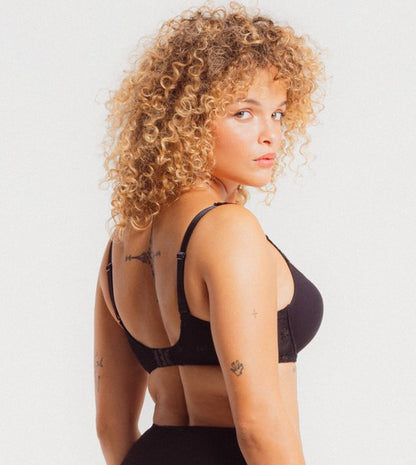 Black Louisa Bracq padded bra from the Chantilly line features iridescent medallions on the front frame, with a minimalist design intended to provide an invisible look.
