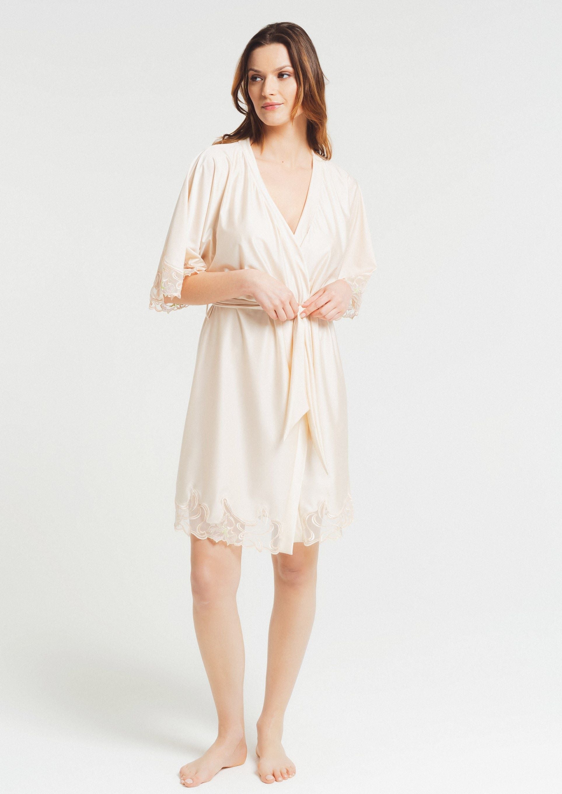 The Horta line's silky, wrap style kimono is inspired by the varied architecture of Victor Horta, a renowned Belgian architect renowned for his involvement in the Art Nouveau movement in Belgium.
